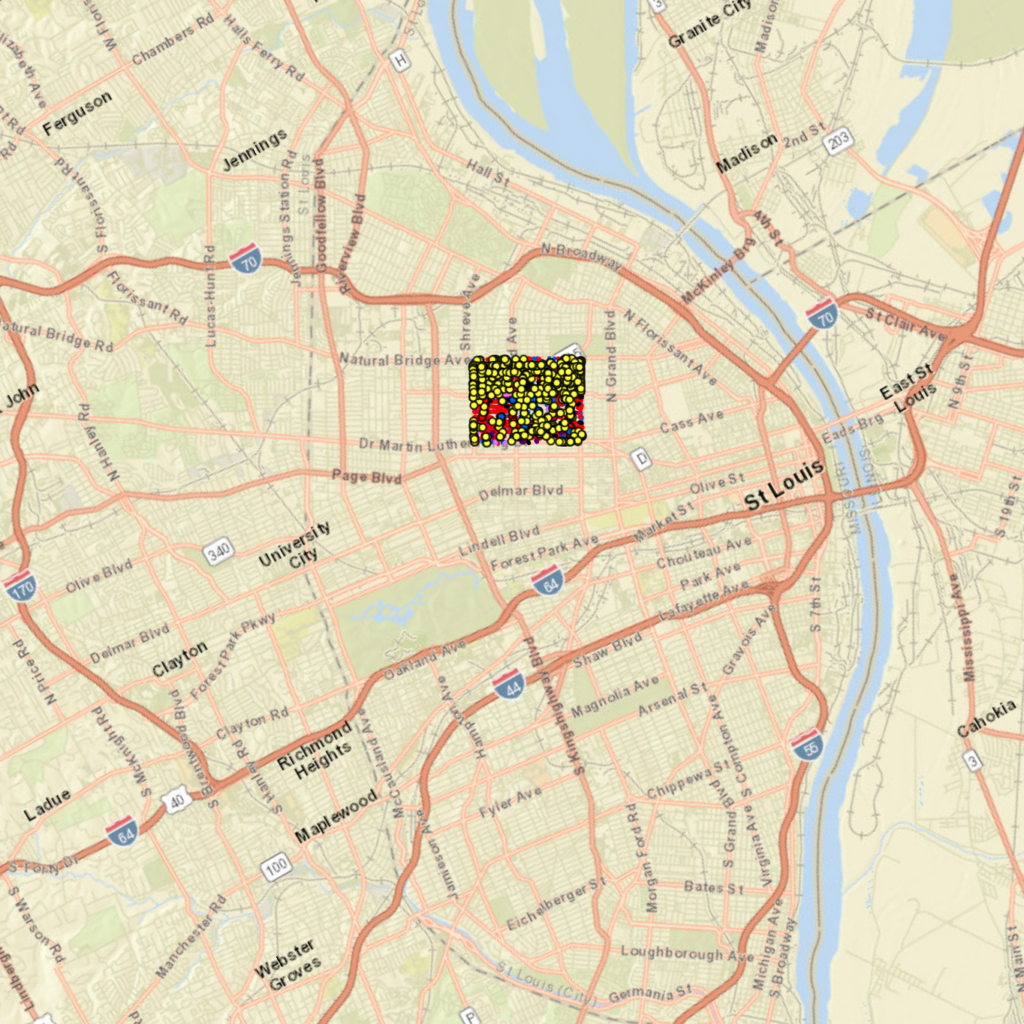 Map of the City of St. Louis, including the complete sidewalk assessment of The Ville neighborhood.