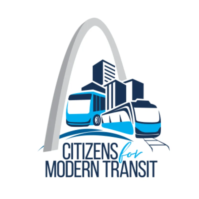 Citizens for Modern transit logo - the Arch with some buildings in front of it along with a metrobus and MetroLink