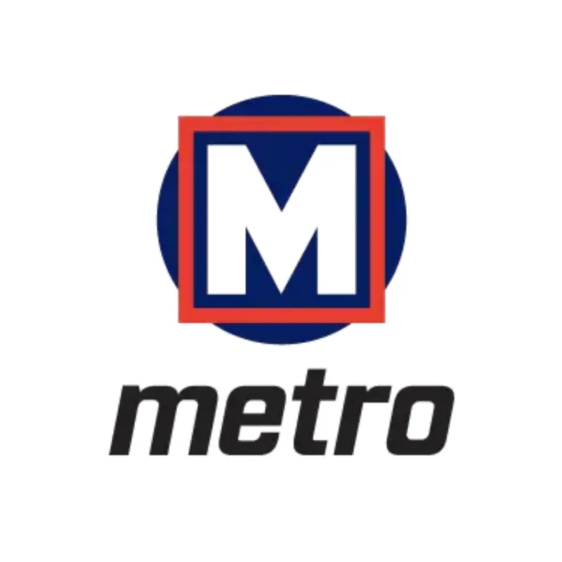 Metro logo - a white M surrounded by a red line box with the words metro below