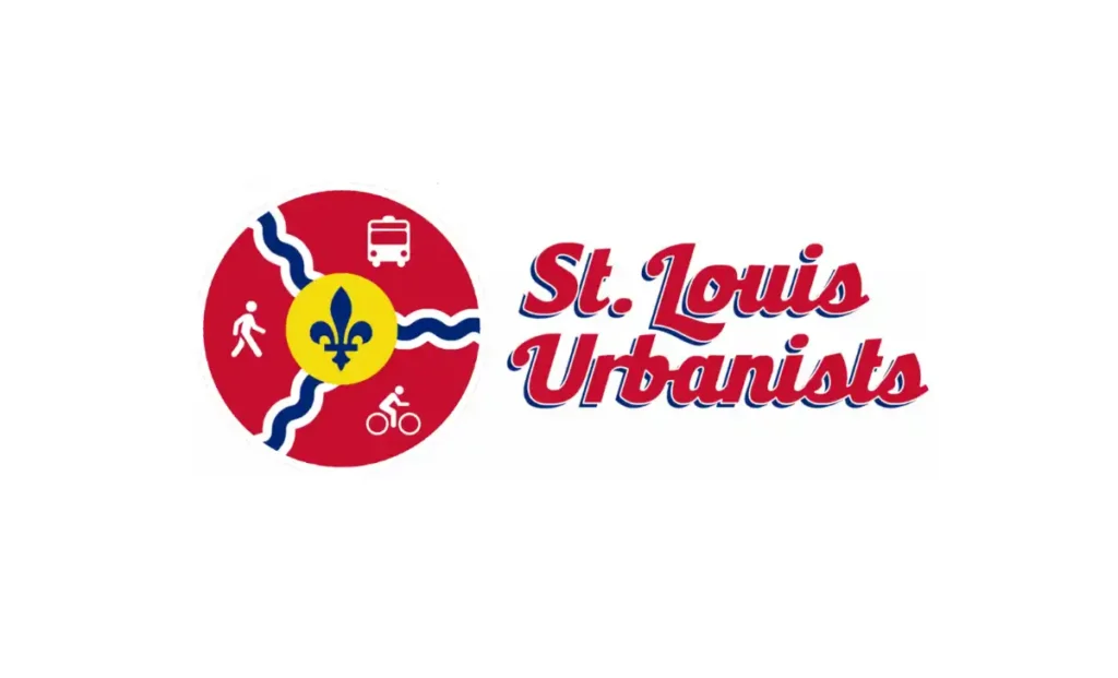 St. Louis Urbanists logo. To the left is a red circle with a yellow circle within with a blue fleur de lis. There are three blue river lines emanating from the yellow circle, with icons of a person walking, biking, and a bus in each section. To the right it says St. Louis Urbanists in red