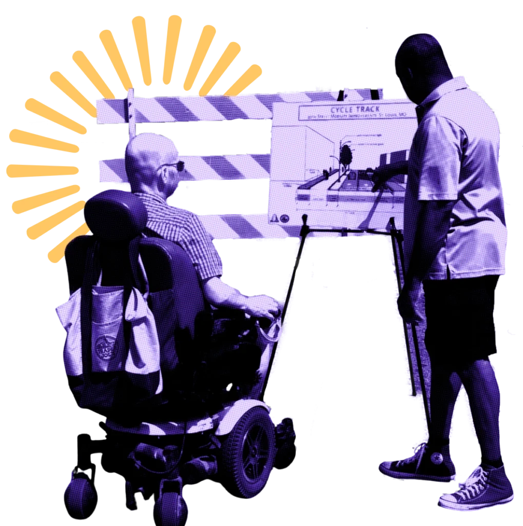 Two men looking at a sign